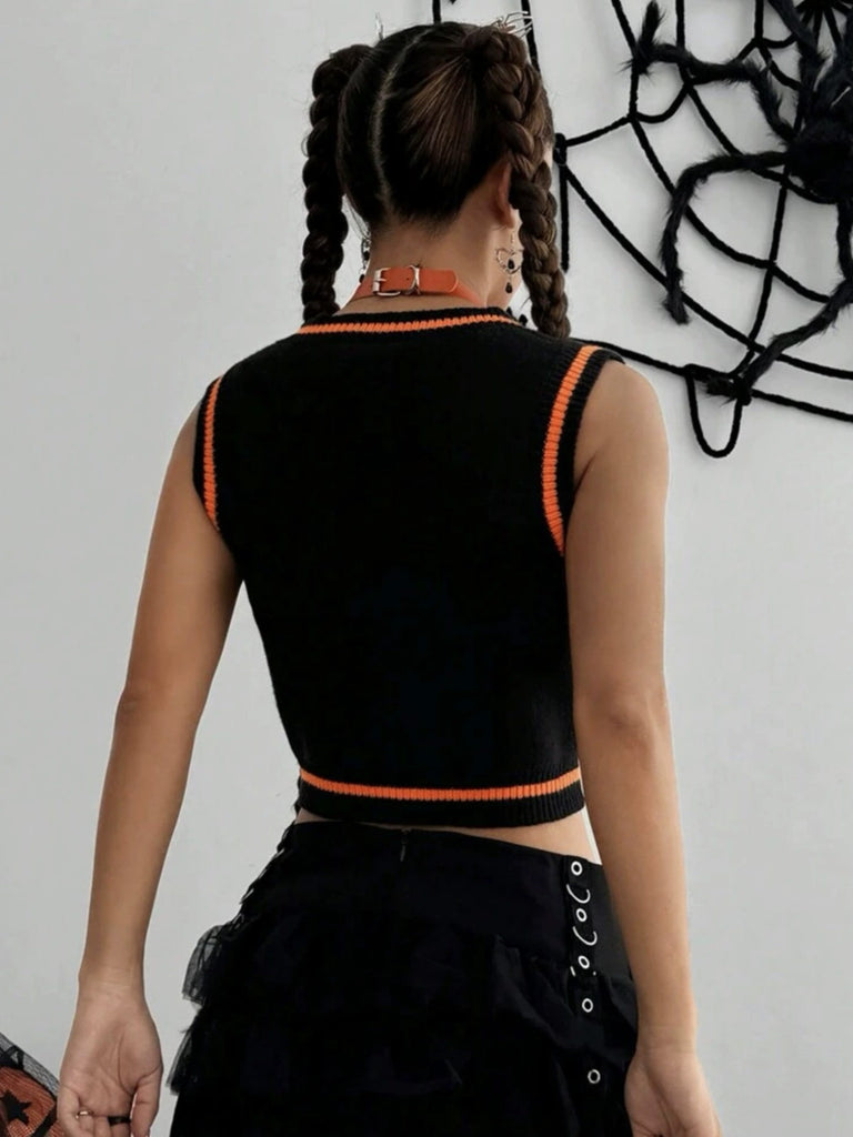 Black 1970s Halloween Pumpkin Face Sweater Vest
