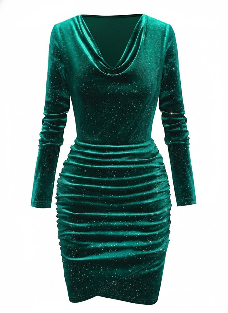 1960s Solid Velvet Long Sleeve Cowl Neck Dress