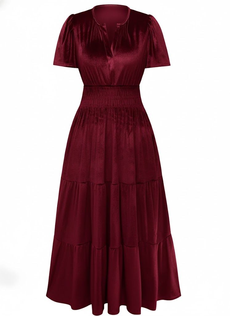 1930s Velvet Solid Short Sleeve Maxi Dress