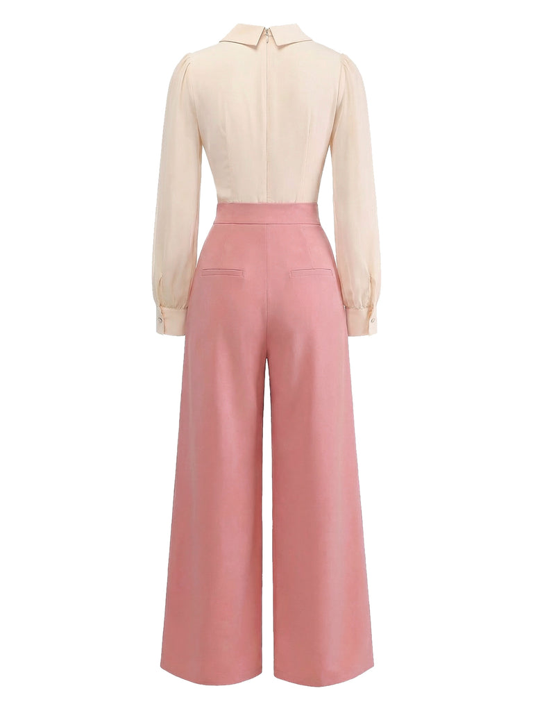 [Pre-Sale] Pink 1930s Ruffle Lapel Long Sleeve Jumpsuit