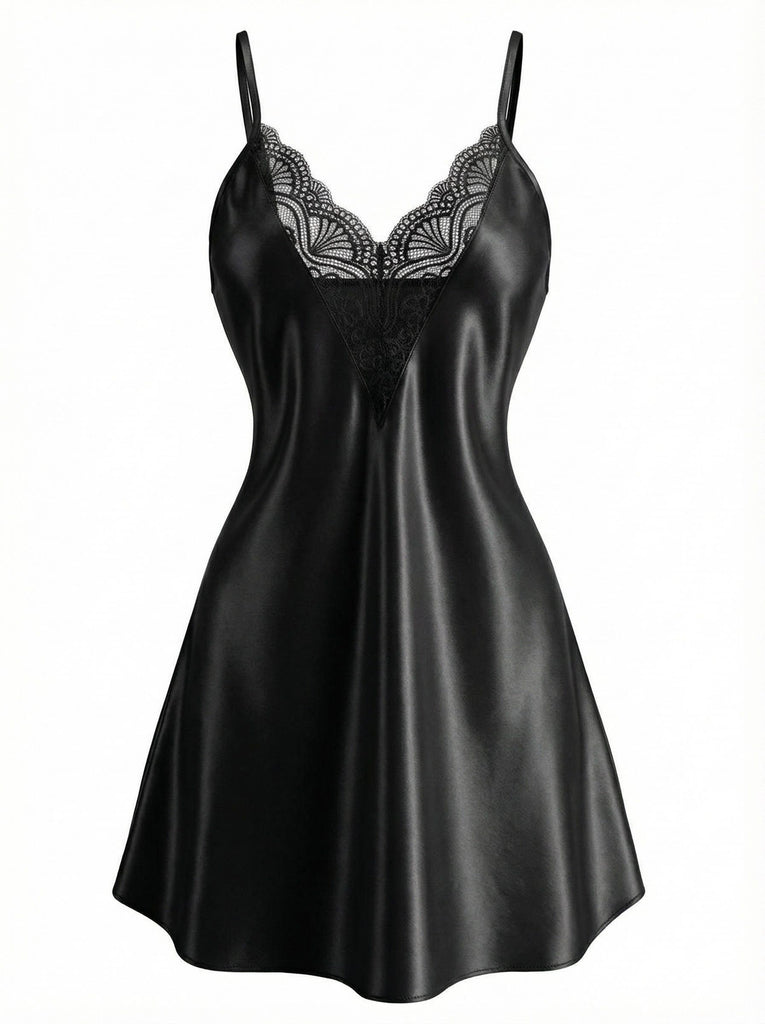 1960s Lace V-Neck Solid  Spaghetti Strap Nightgown