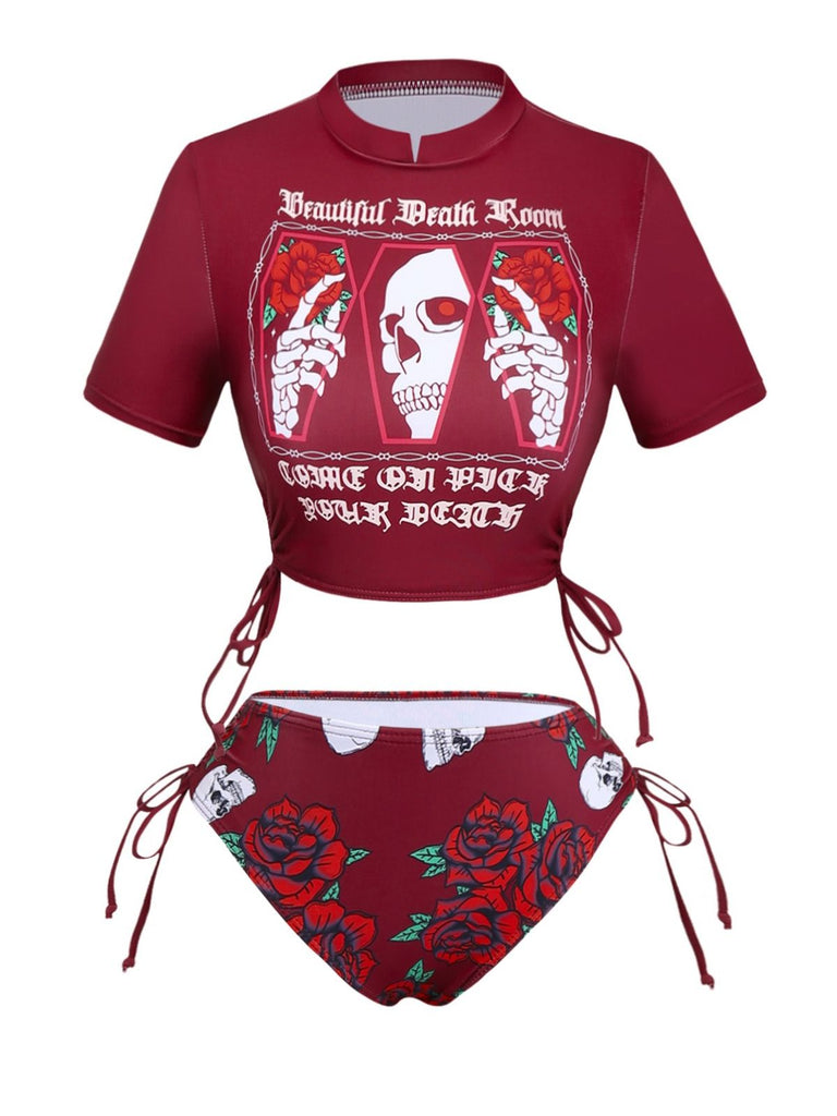 1980s Black Skull Rose Graphic Bikini Set