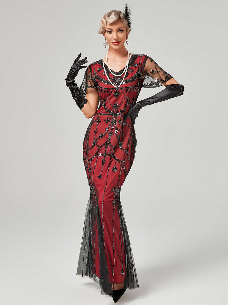1920s V-Neck Sequined Mesh Mermaid Formal Dress