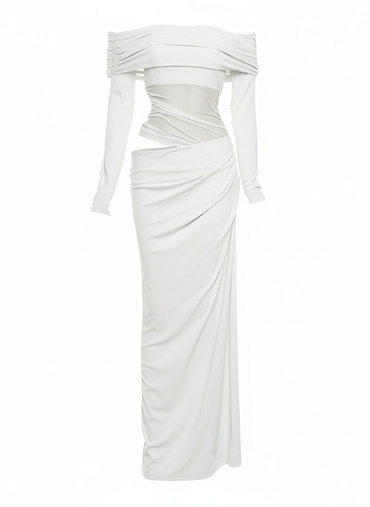 1980s Solid Off-Shoulder Mesh Cut-Out Sheer Dress