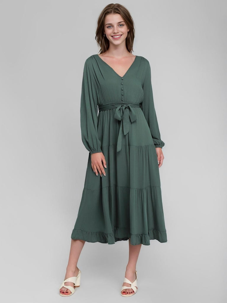 Green 1940s V-Neck Belted Solid Tiered Dress