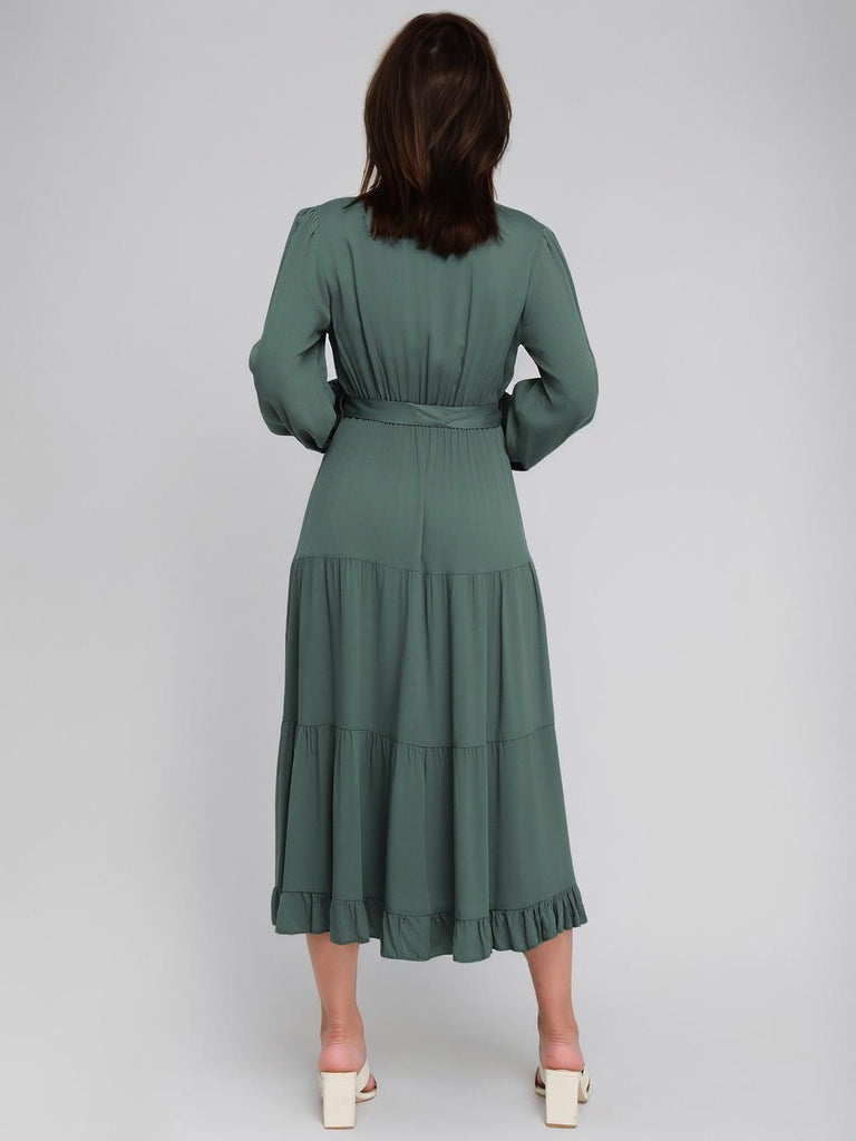 Green 1940s V-Neck Belted Solid Tiered Dress