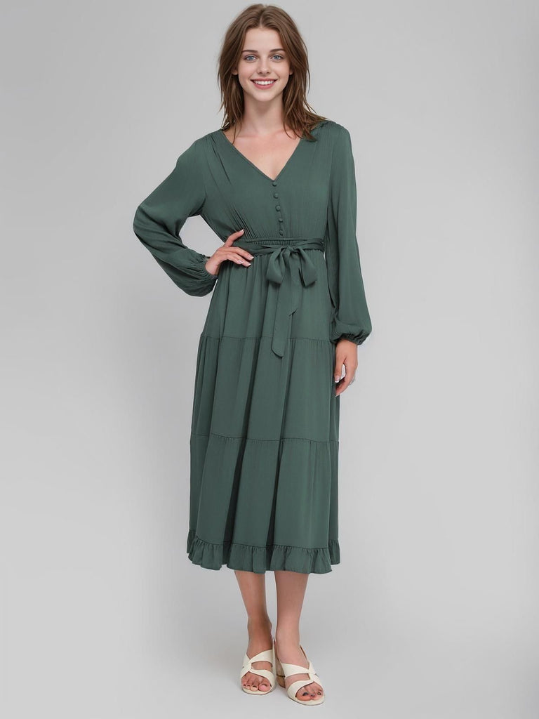 Green 1940s V-Neck Belted Solid Tiered Dress