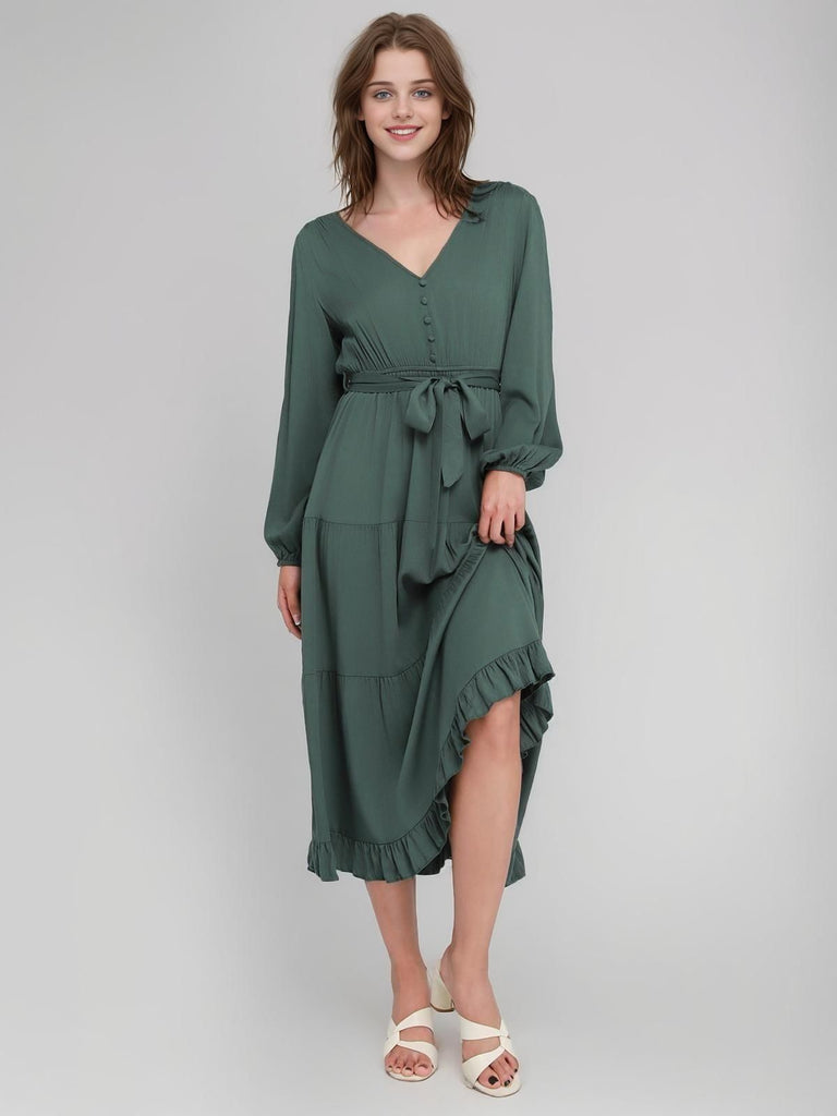 Green 1940s V-Neck Belted Solid Tiered Dress