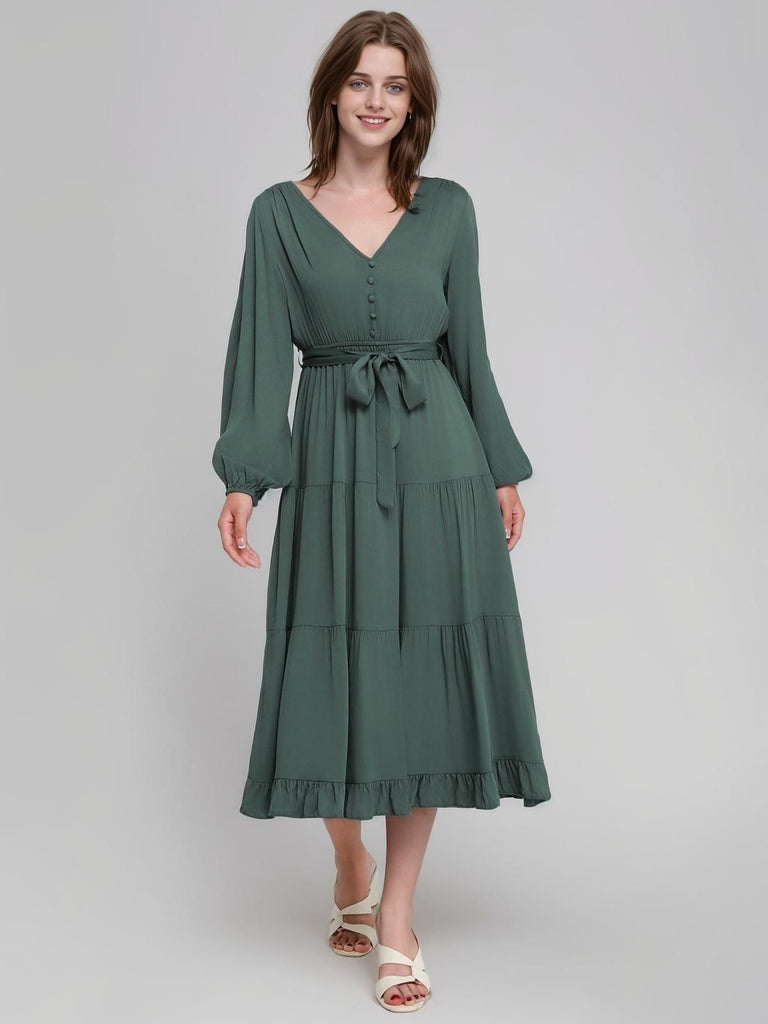 Green 1940s V-Neck Belted Solid Tiered Dress