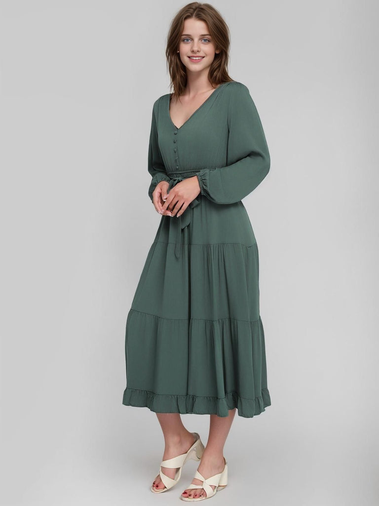 Green 1940s V-Neck Belted Solid Tiered Dress