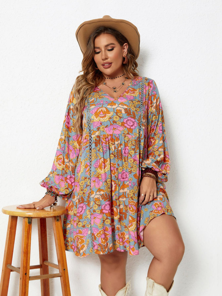 [Plus Size] 1970s Floral Boho V-neck Puff Sleeve A-line Dress