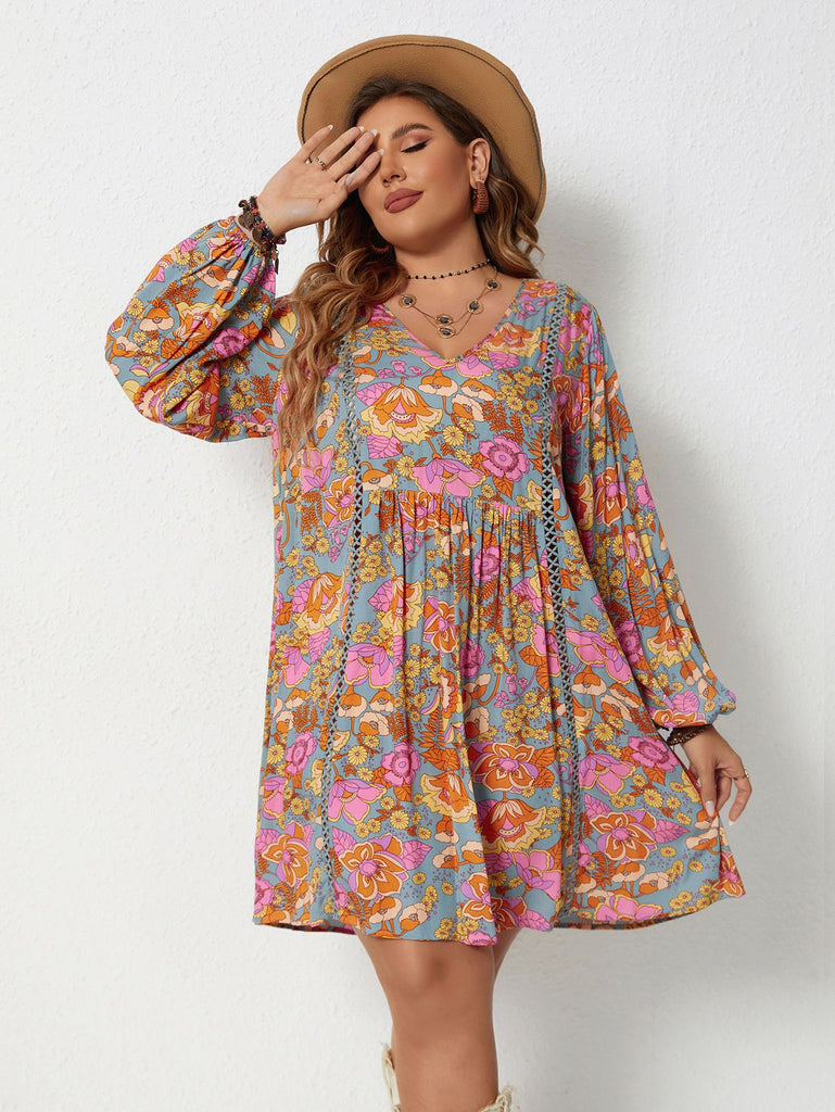 [Plus Size] 1970s Floral Boho V-neck Puff Sleeve A-line Dress