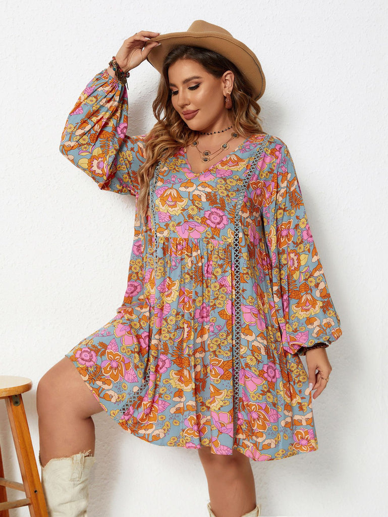 [Plus Size] 1970s Floral Boho V-neck Puff Sleeve A-line Dress