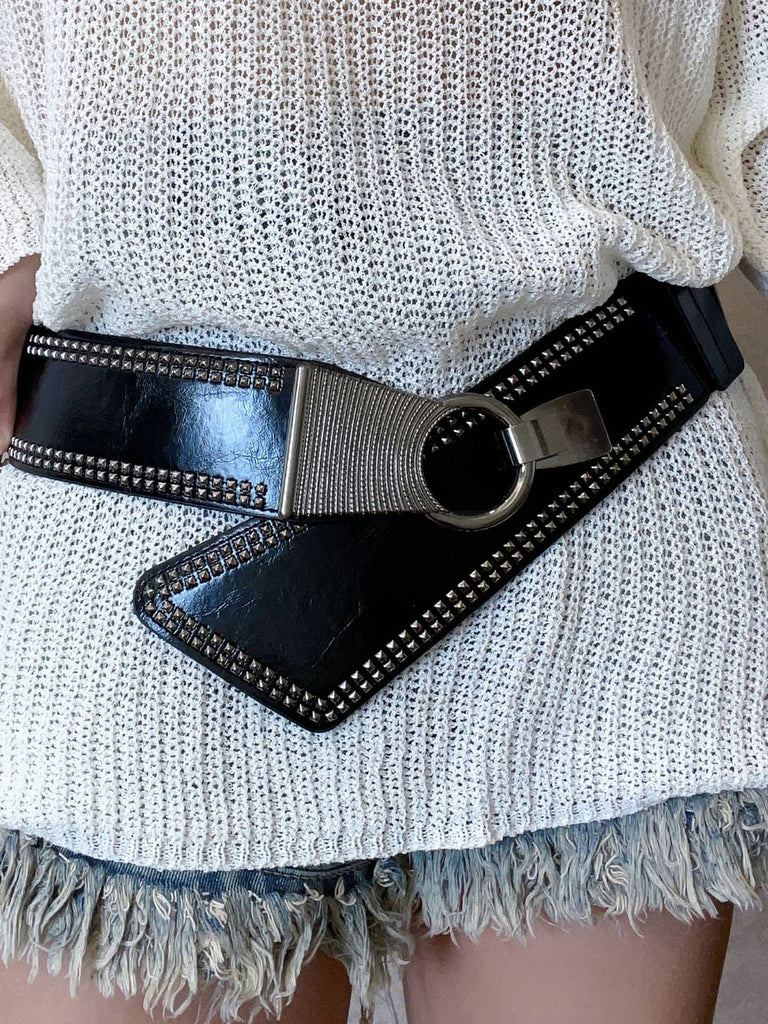 Black Studded Wide Belt with Metal Ring