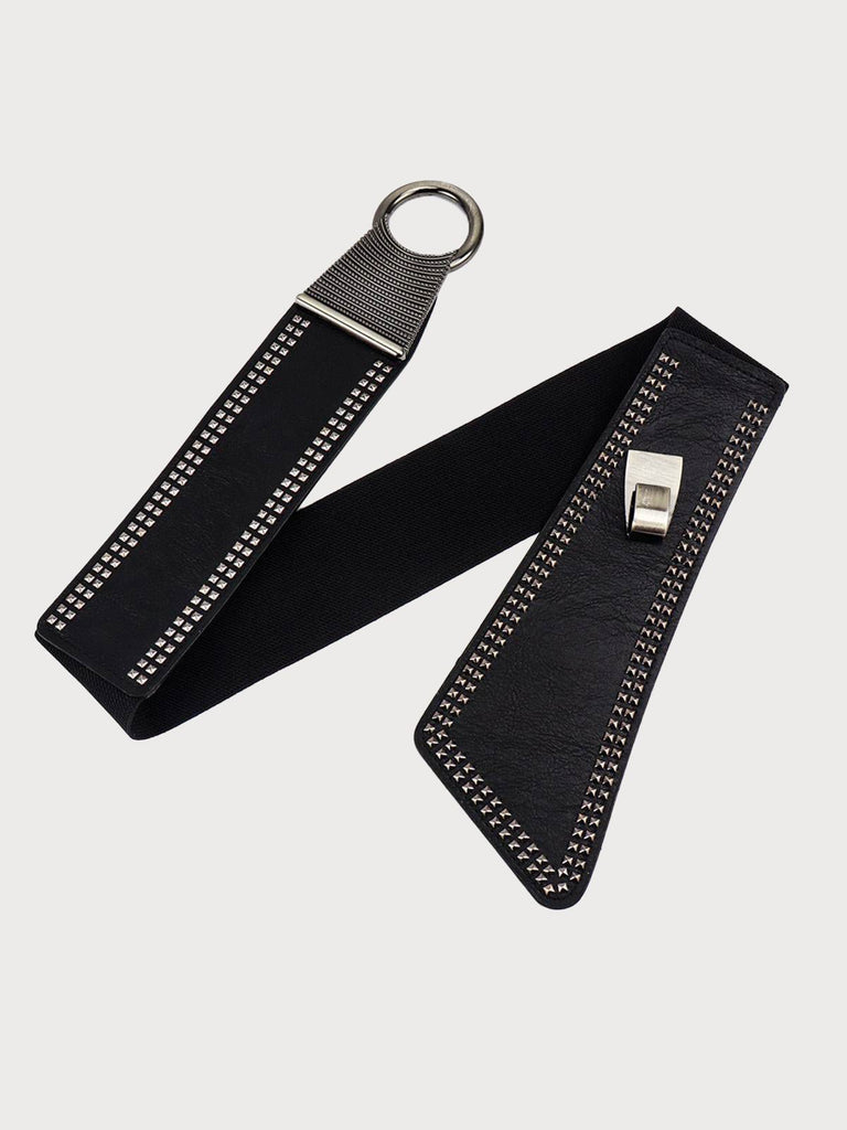 Black Studded Wide Belt with Metal Ring