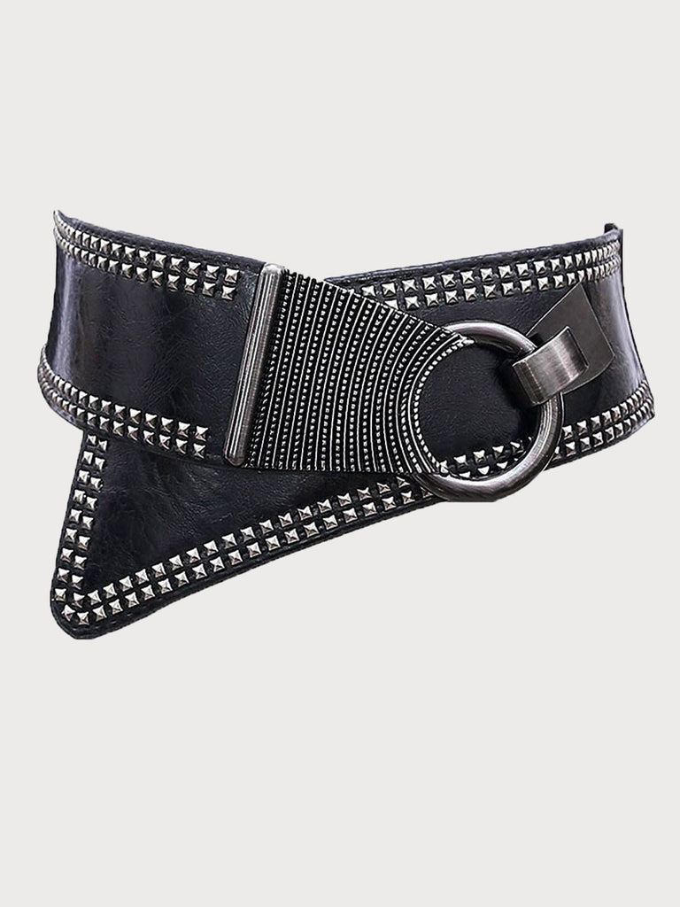 Black Studded Wide Belt with Metal Ring