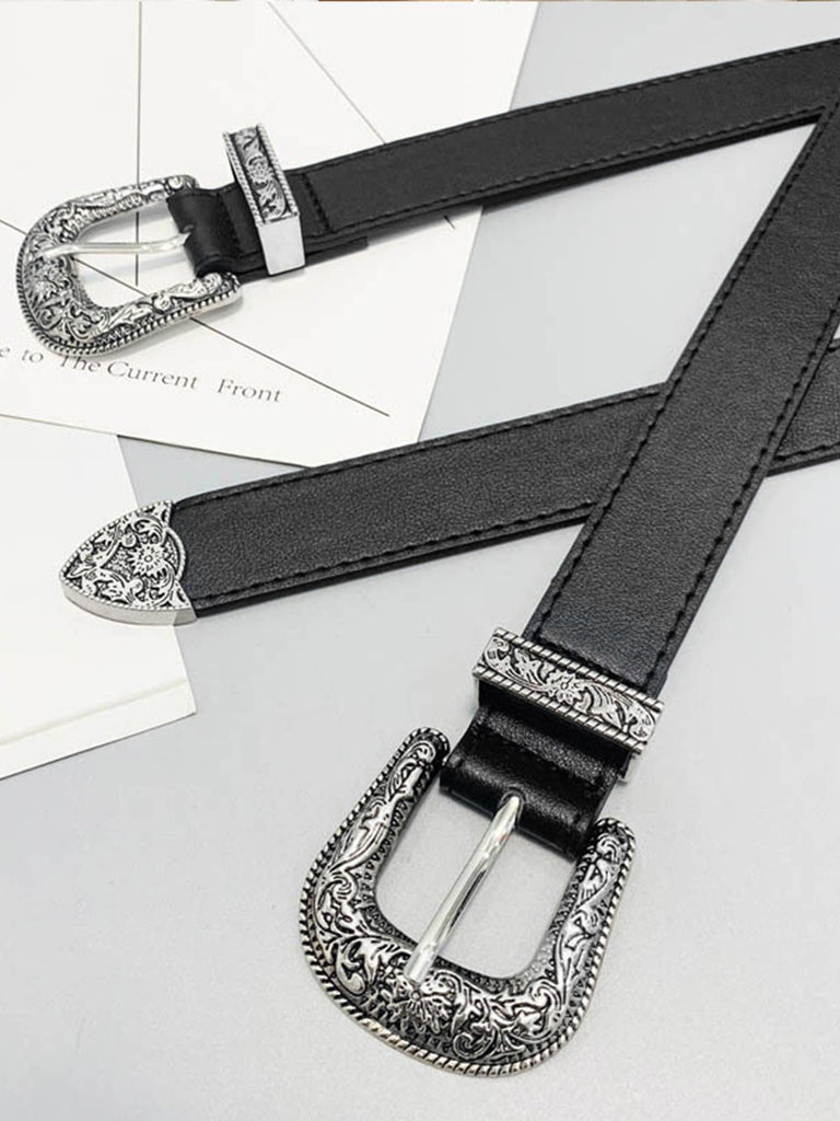 Black Solid  PU Leather Metallic Buckle Belt