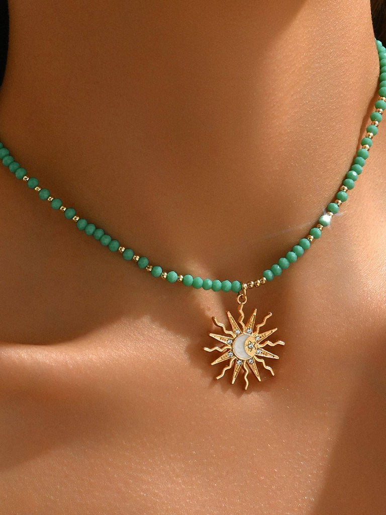 Sun & Moon & Star Rhinestone Green Beaded Necklace