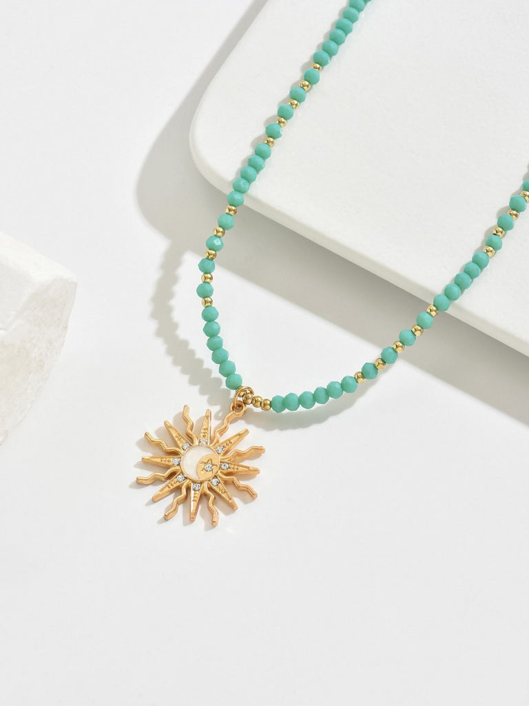 Sun & Moon & Star Rhinestone Green Beaded Necklace