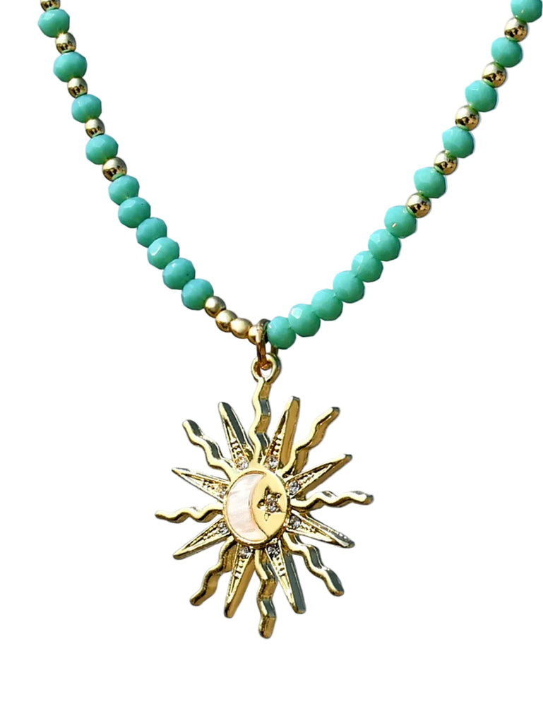 Sun & Moon & Star Rhinestone Green Beaded Necklace