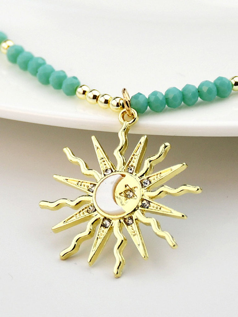 Sun & Moon & Star Rhinestone Green Beaded Necklace