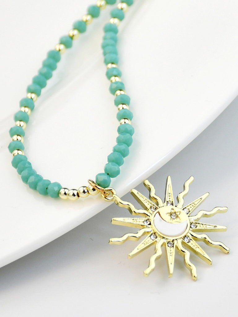 Sun & Moon & Star Rhinestone Green Beaded Necklace