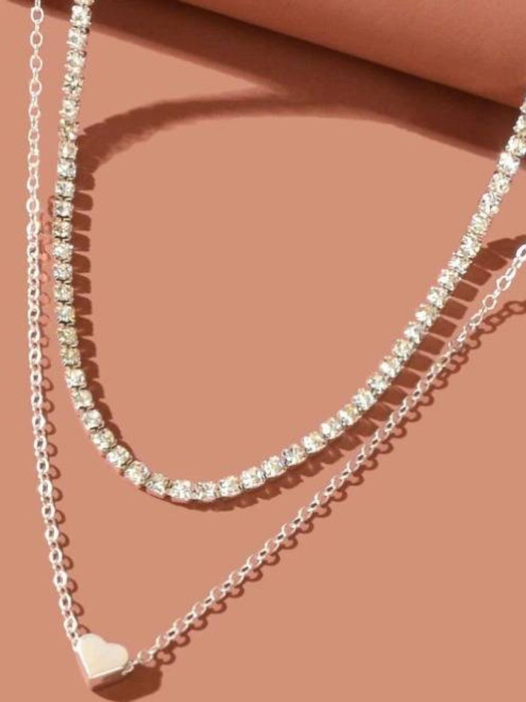 Silver Double Layer Heart Pendant Diamond Necklace