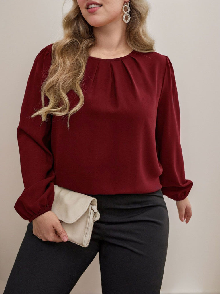 [Plus Size] Burgundy 1940s Pleated Long Sleeve Blouse