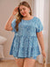 [Plus Size] Blue 1970s Ditsy Floral Ruffle Top