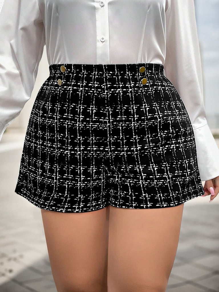 [Plus Size] Black 1950s Metal Button Tweed Mini Shorts