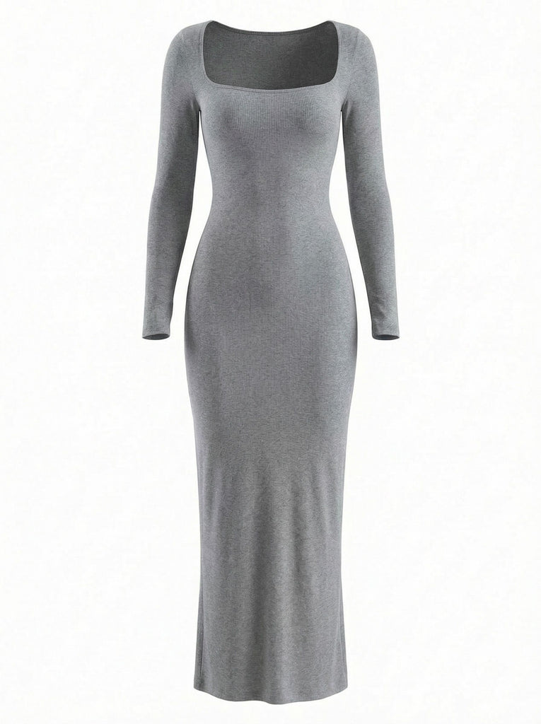 Pink 1980s Square-Neck Long-Sleeve Ribbed Knit Maxi Dress