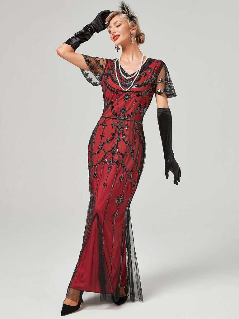 1920s V-Neck Sequined Mesh Mermaid Formal Dress