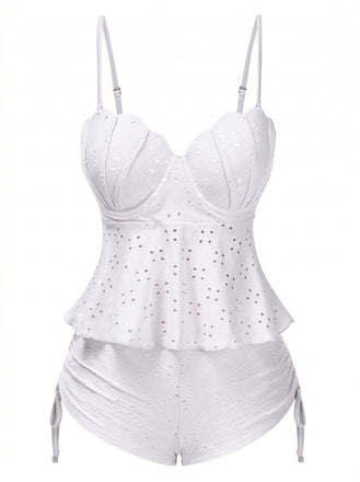 White 1940s Spaghetti Strap Eyelet Shell Tankini Set