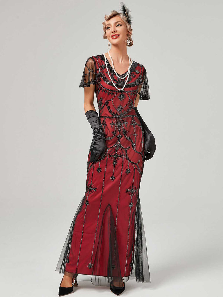 1920s V-Neck Sequined Mesh Mermaid Formal Dress