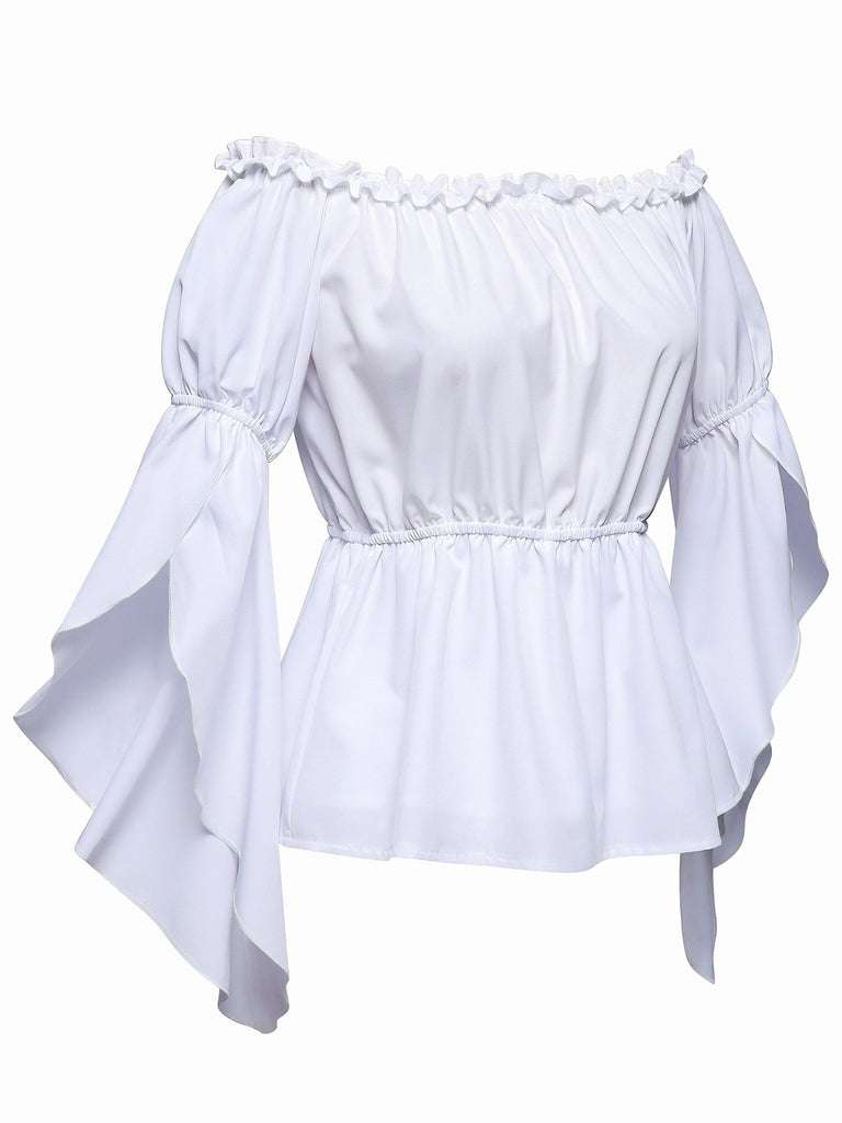 1930s Ruffled Bell Sleeve Off-Shoulder Solid Top