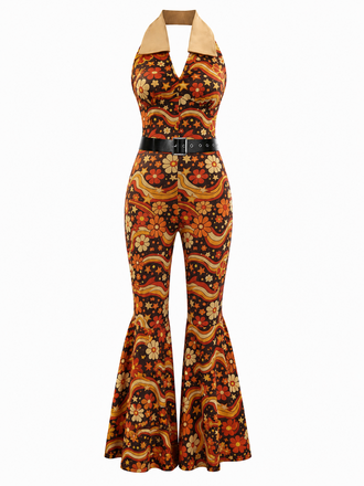 Orange 1970s Floral Print Patchwork Halter Jumpsuit