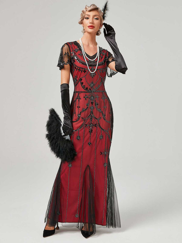 1920s V-Neck Sequined Mesh Mermaid Formal Dress