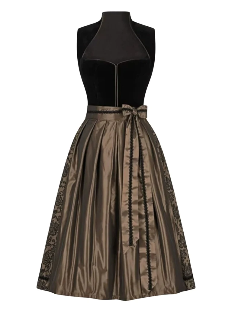 1950s Crochet Velvelt Dress & Satin Pleated Apron