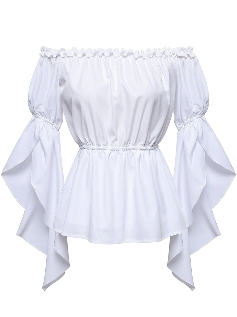 1930s Ruffled Bell Sleeve Off-Shoulder Solid Top