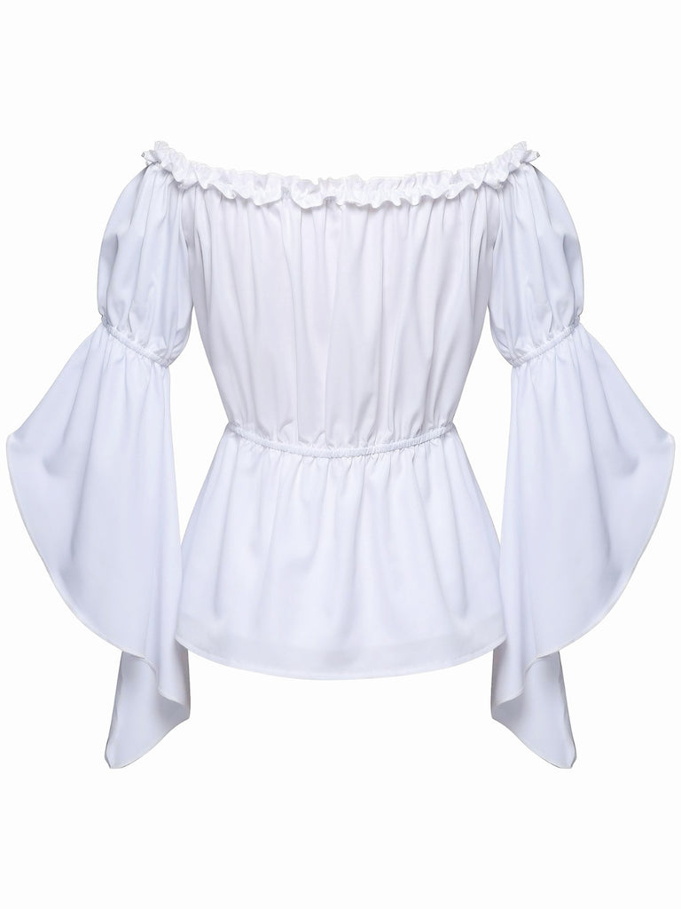 1930s Ruffled Bell Sleeve Off-Shoulder Solid Top