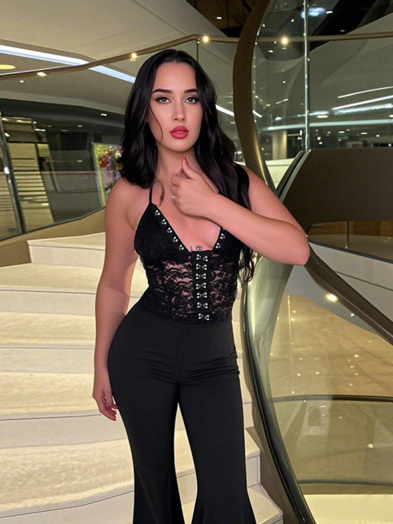 Black 1930s Halter Lace Bell-Bottom Jumpsuit
