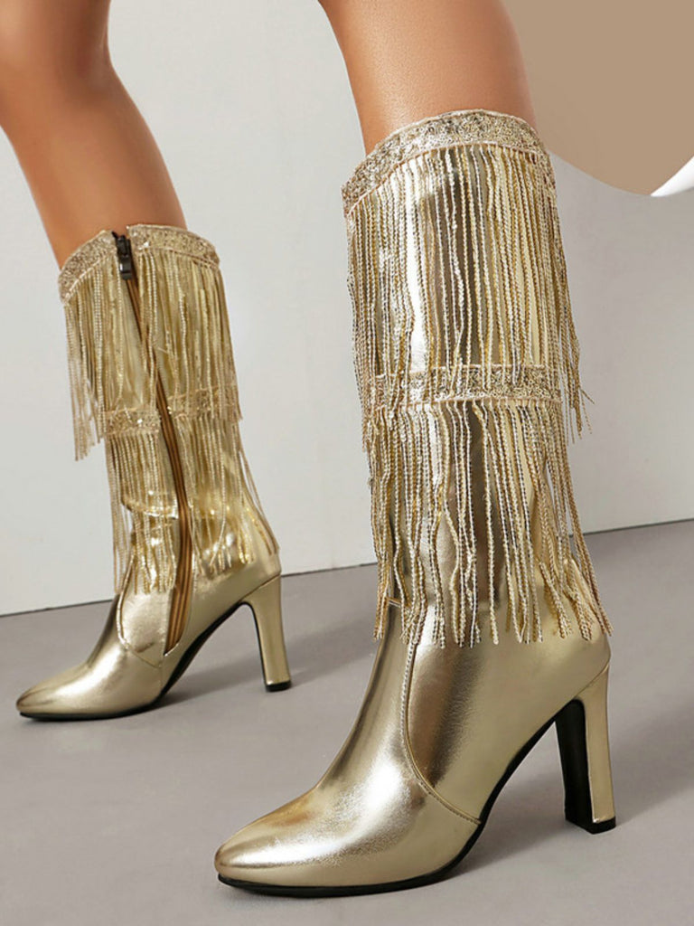 Metallic Pointed-Toe Fringed Disco Ankle Boots