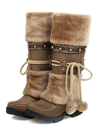 Vintage Faux Fur Pom-Pom Winter Snow Boots