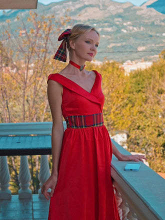 Red 1950s Christmas Plaids Off-Shoulder Dress