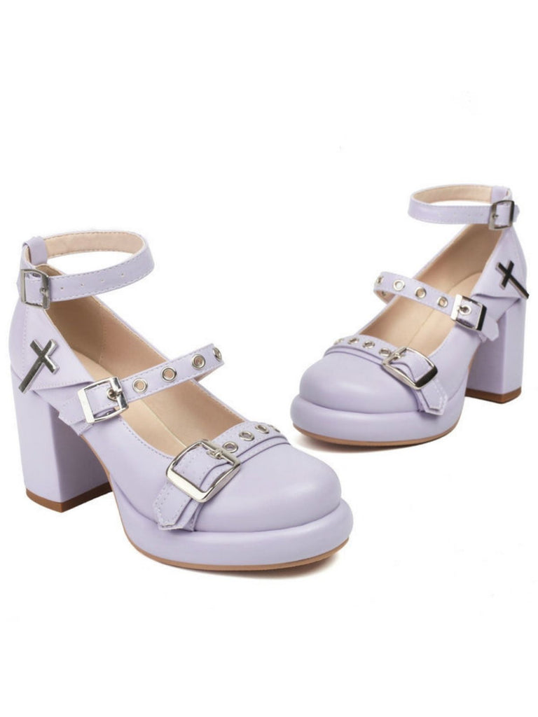 Punk Cross Buckle Ankle Strap Chunky High Heels