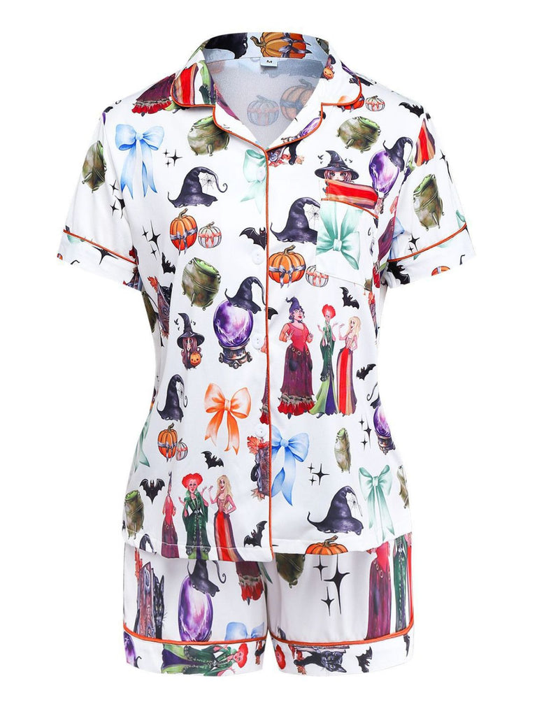 1970s Halloween Witch Print Satin Pajama Set