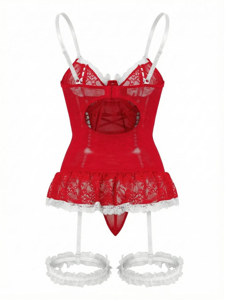 1970s Contrasted Lace Mesh Bow Lace-Up Lingerie Set