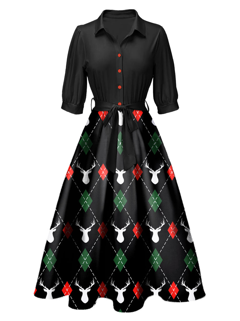 Black 1940s Christmas Print Lapel Belted Dress