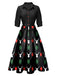 Black 1940s Christmas Print Lapel Belted Dress