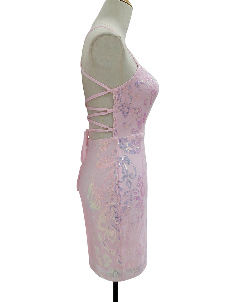 1920s Solid Sequin Spaghetti Strap Backless Dress